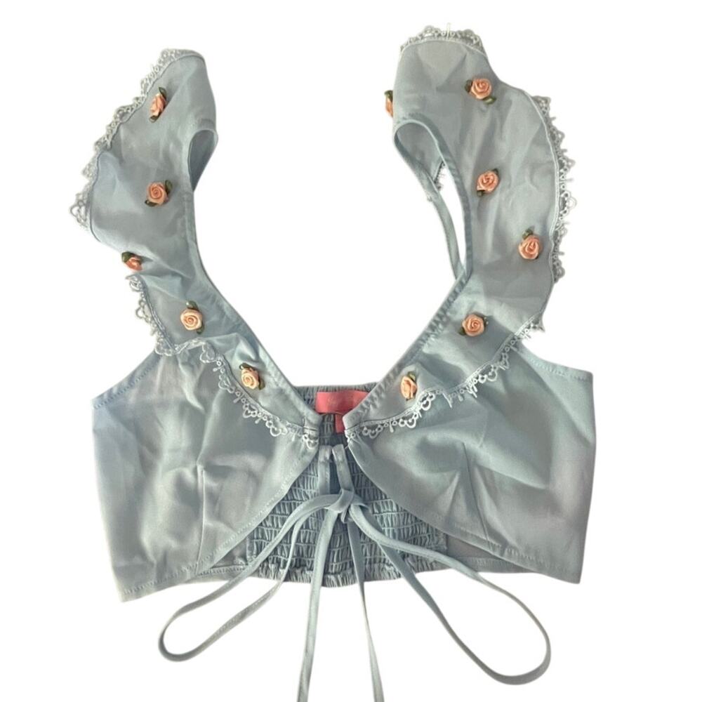 Dolls Kill Sugar Thrillz Light Blue Pink Rose Ruffle Crop Top Size: XXS